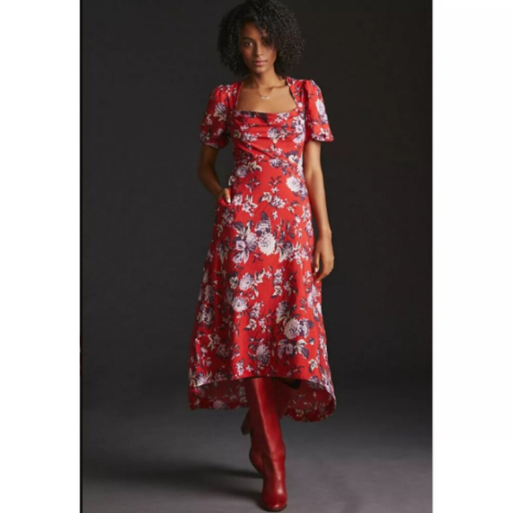 NWT  Anthropologie Maeve Floral Puff-Sleeved High-Low Midi Dress 8